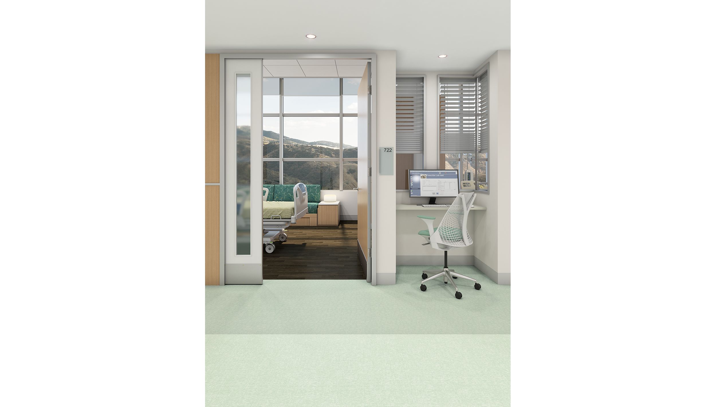 Interface's Spike-tacular, Bloom with a View and Continual Woodgrains vinyl sheet in hospital corridor and patient room Bildnummer 6